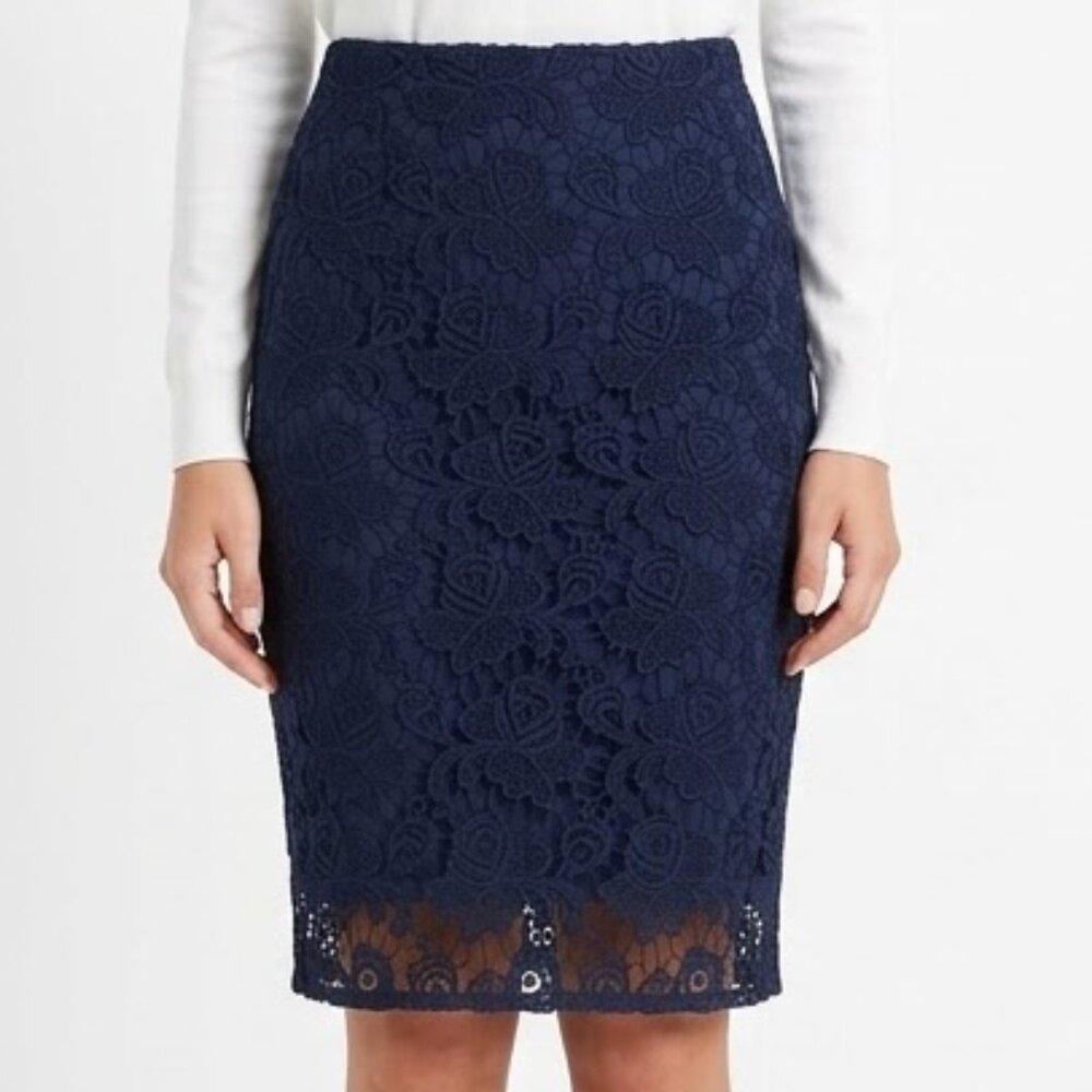 Banana Republic Navy Blue Floral Lace Pencil Skirt Size 4 Career Office Lined